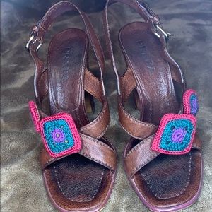 Vintage Prada block heel with crochet flowers